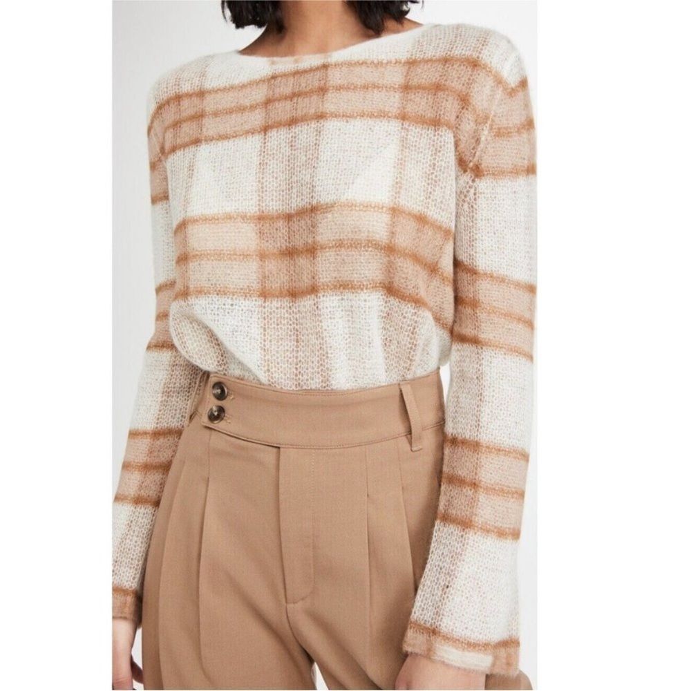 Vince Brown Beige Cream Brushed Checked Super Soft Alpaca Knit Sweater Small
